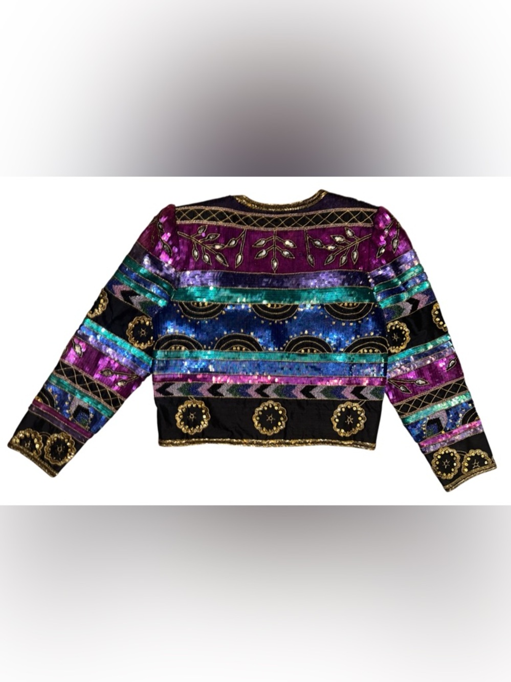 VTG Parisian Works Multicolor Silk Sequin & Embroidered Open-Front Jacket, XL - Picture 3 of 10